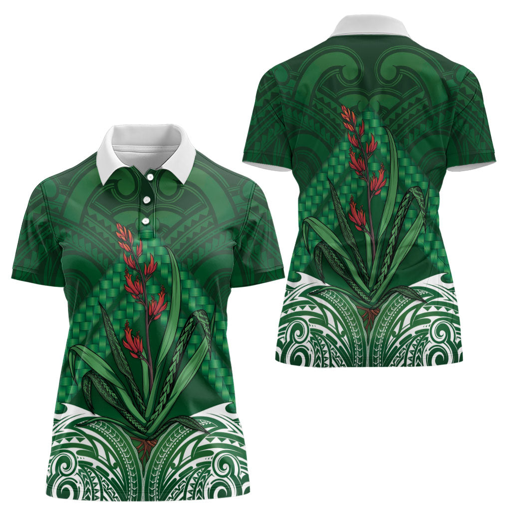 Rongoa Maori New Zealand Harakeke Women Polo Shirt NZ Weaving Pattern Green