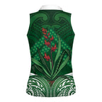 Rongoa Maori New Zealand Harakeke Women Sleeveless Polo Shirt NZ Weaving Pattern Green