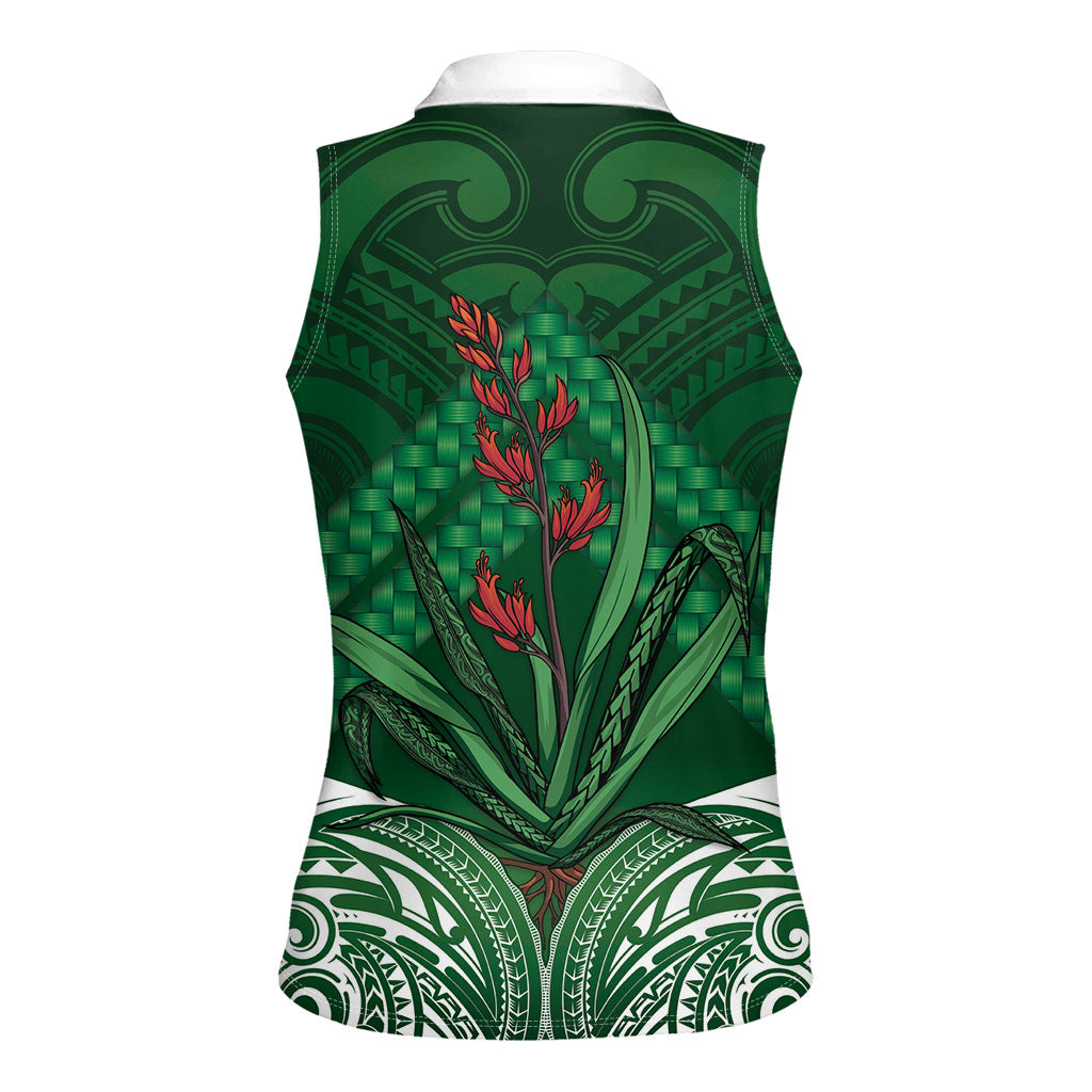 Rongoa Maori New Zealand Harakeke Women Sleeveless Polo Shirt NZ Weaving Pattern Green