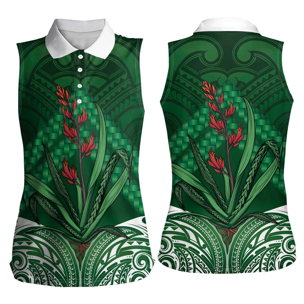 Rongoa Maori New Zealand Harakeke Women Sleeveless Polo Shirt NZ Weaving Pattern Green