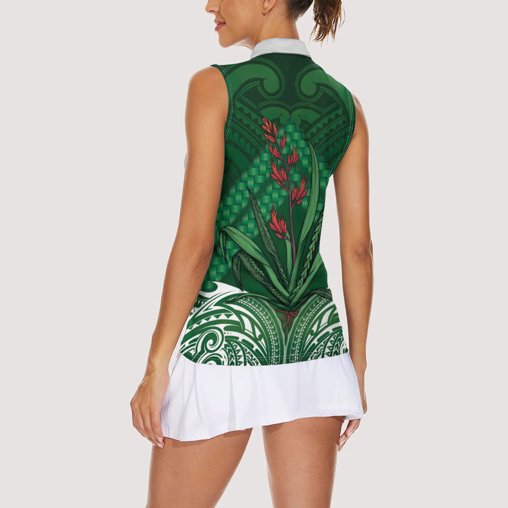 Rongoa Maori New Zealand Harakeke Women Sleeveless Polo Shirt NZ Weaving Pattern Green