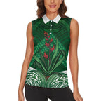Rongoa Maori New Zealand Harakeke Women Sleeveless Polo Shirt NZ Weaving Pattern Green