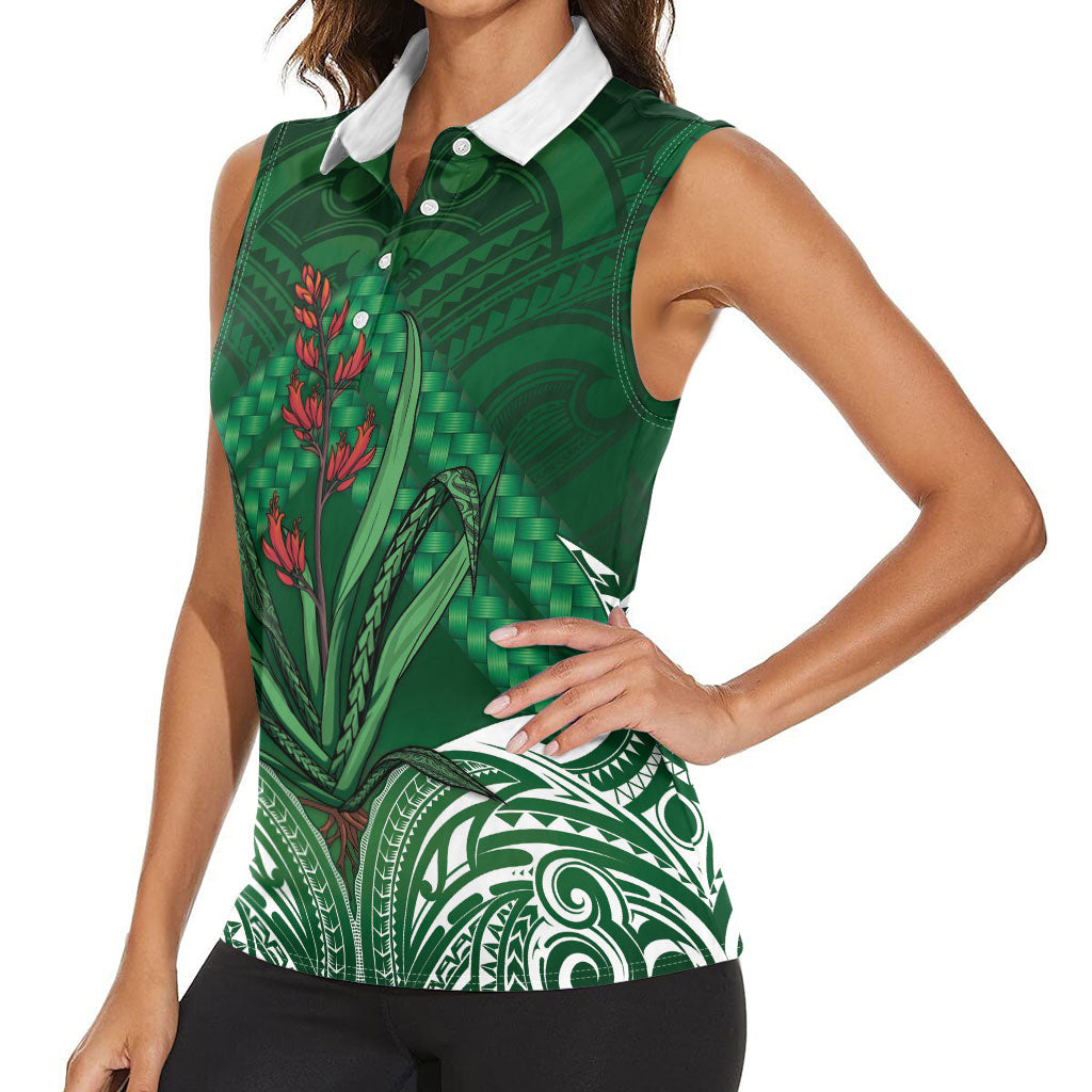 Rongoa Maori New Zealand Harakeke Women Sleeveless Polo Shirt NZ Weaving Pattern Green