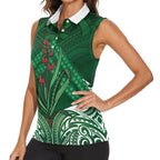 Rongoa Maori New Zealand Harakeke Women Sleeveless Polo Shirt NZ Weaving Pattern Green