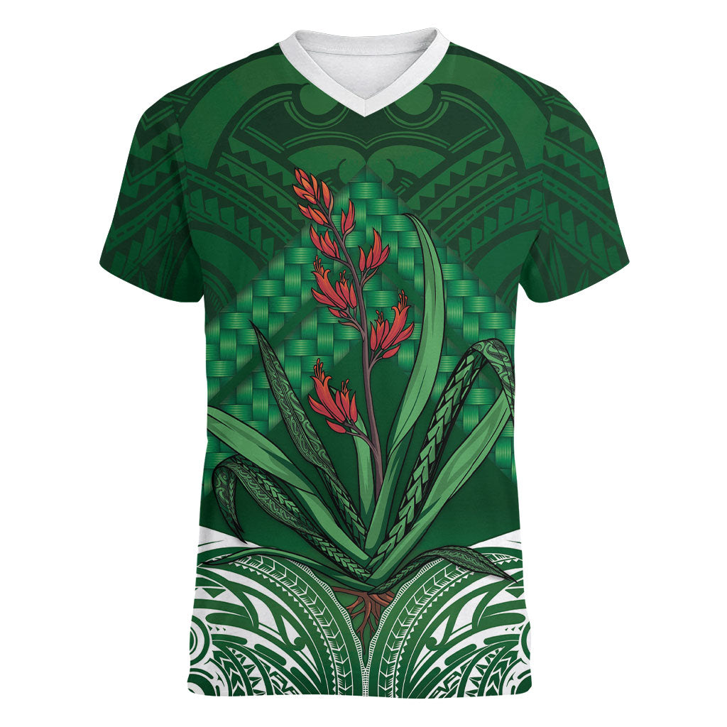 Rongoa Maori New Zealand Harakeke Women V-Neck T-Shirt NZ Weaving Pattern Green