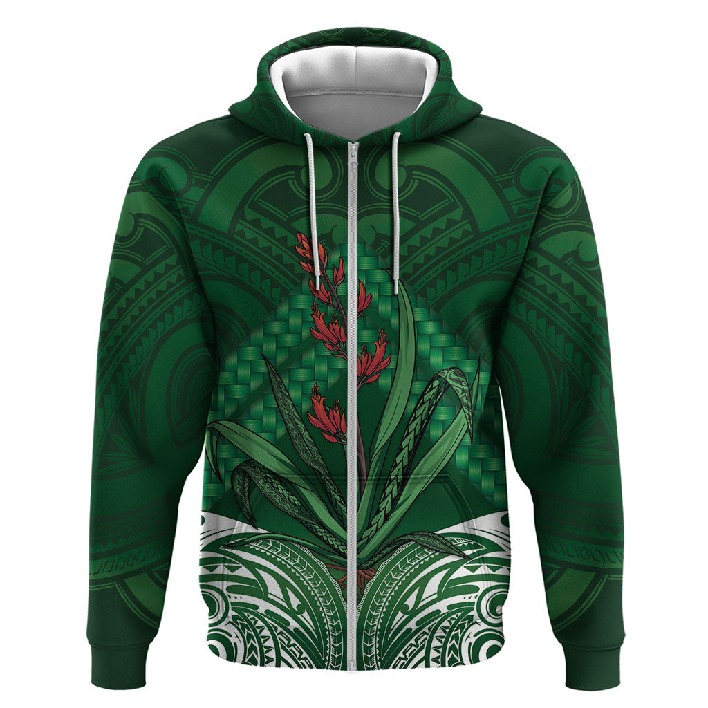 Rongoa Maori New Zealand Harakeke Zip Hoodie NZ Weaving Pattern Green