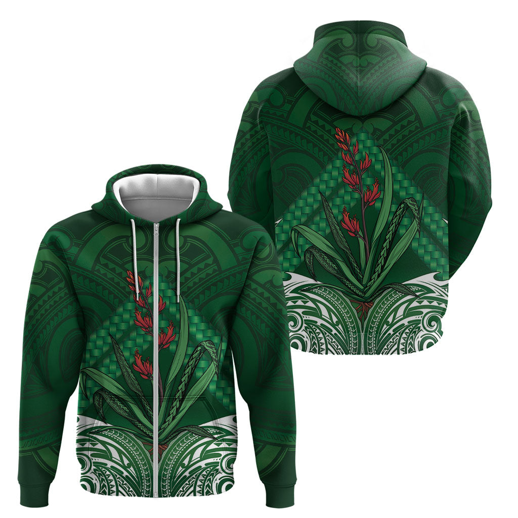 Rongoa Maori New Zealand Harakeke Zip Hoodie NZ Weaving Pattern Green