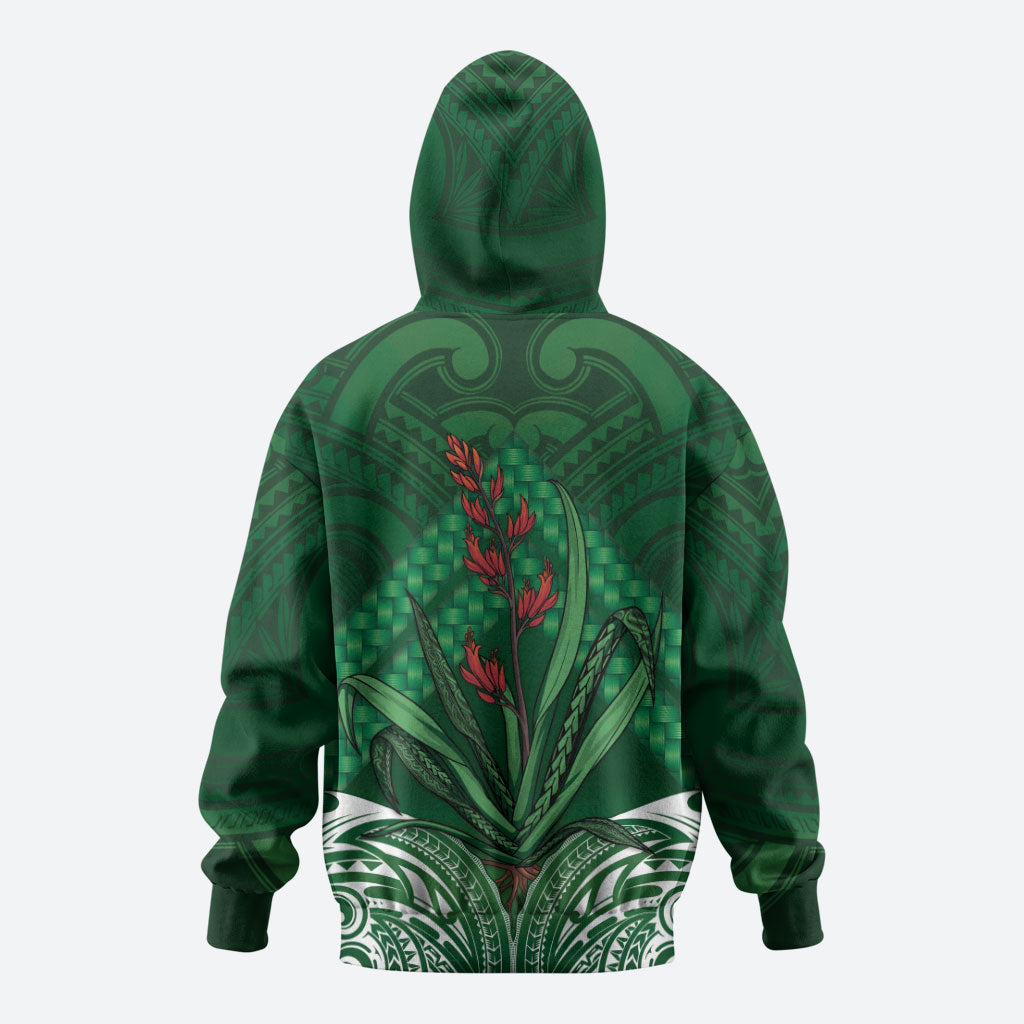 Rongoa Maori New Zealand Harakeke Zip Hoodie NZ Weaving Pattern Green