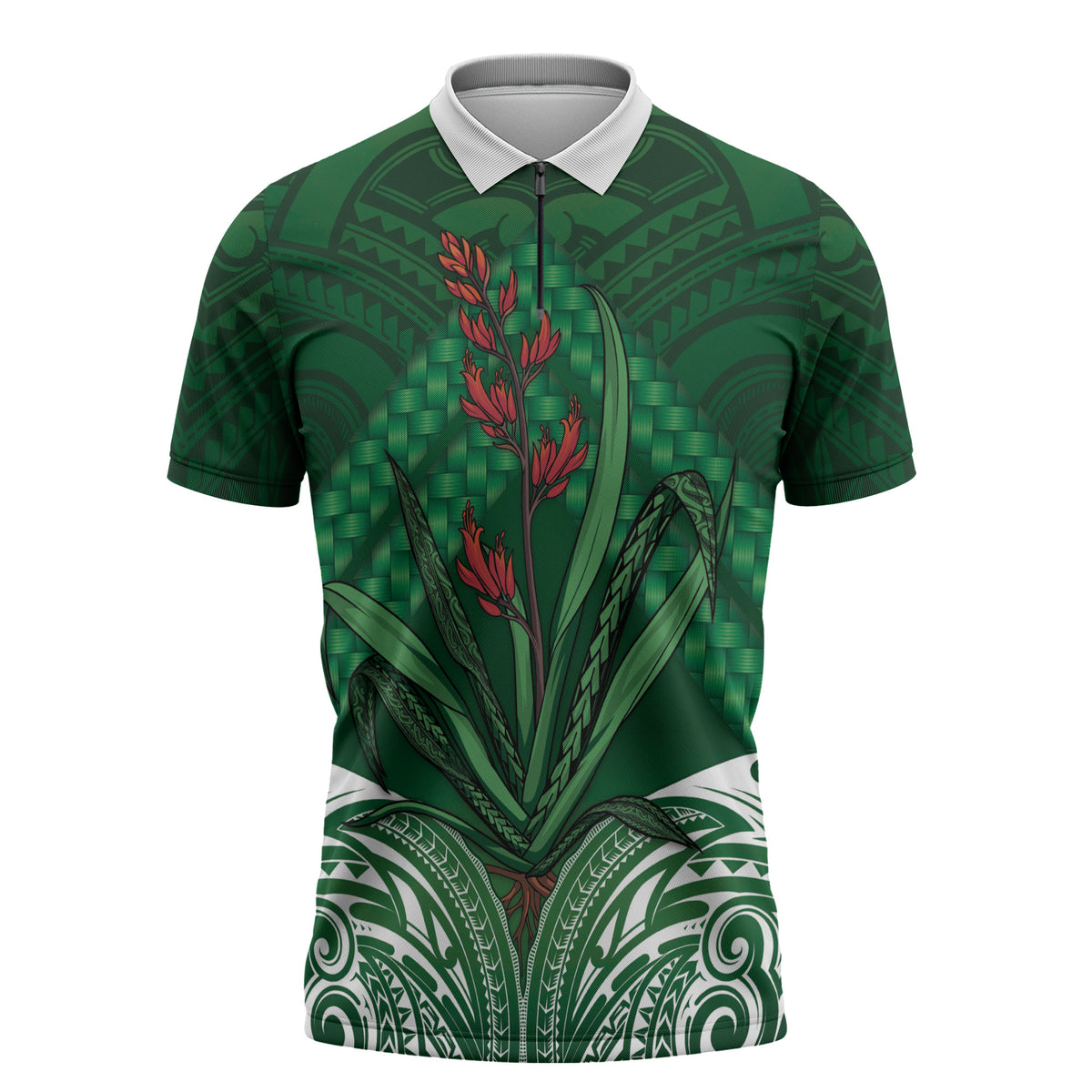 Rongoa Maori New Zealand Harakeke Zipper Polo Shirt NZ Weaving Pattern Green