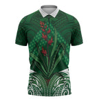 Rongoa Maori New Zealand Harakeke Zipper Polo Shirt NZ Weaving Pattern Green
