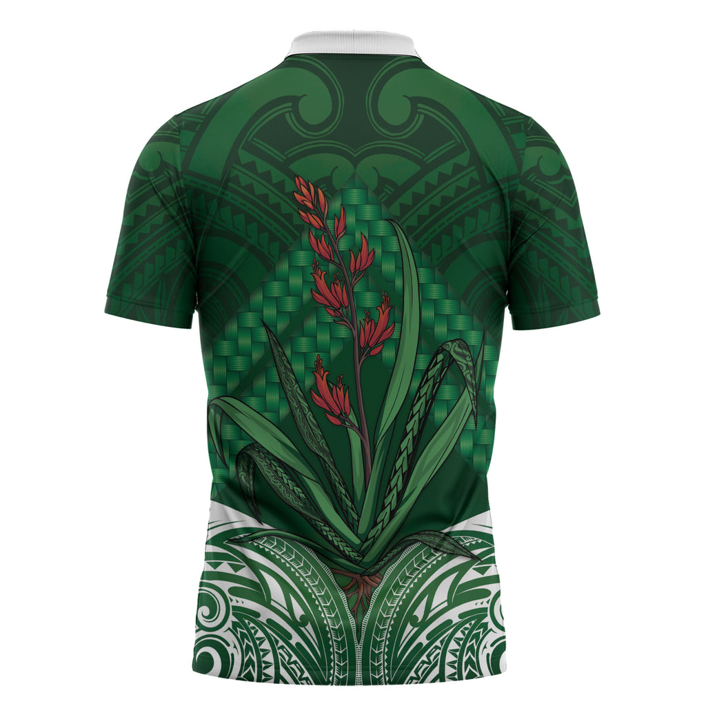 Rongoa Maori New Zealand Harakeke Zipper Polo Shirt NZ Weaving Pattern Green