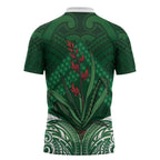 Rongoa Maori New Zealand Harakeke Zipper Polo Shirt NZ Weaving Pattern Green