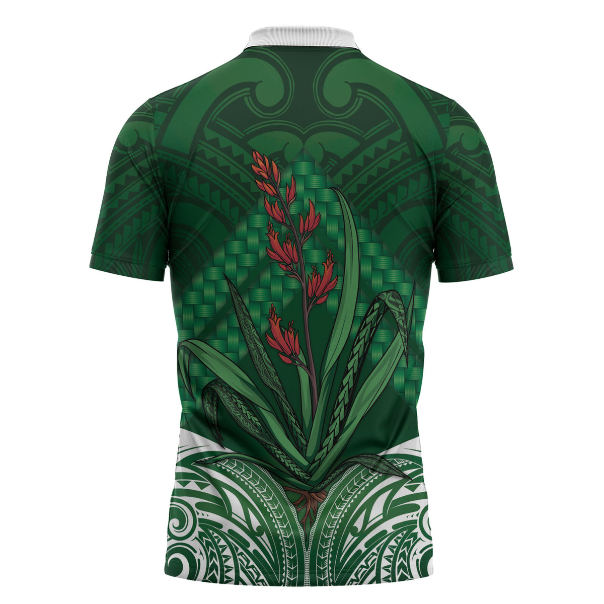 Rongoa Maori New Zealand Harakeke Zipper Polo Shirt NZ Weaving Pattern Green