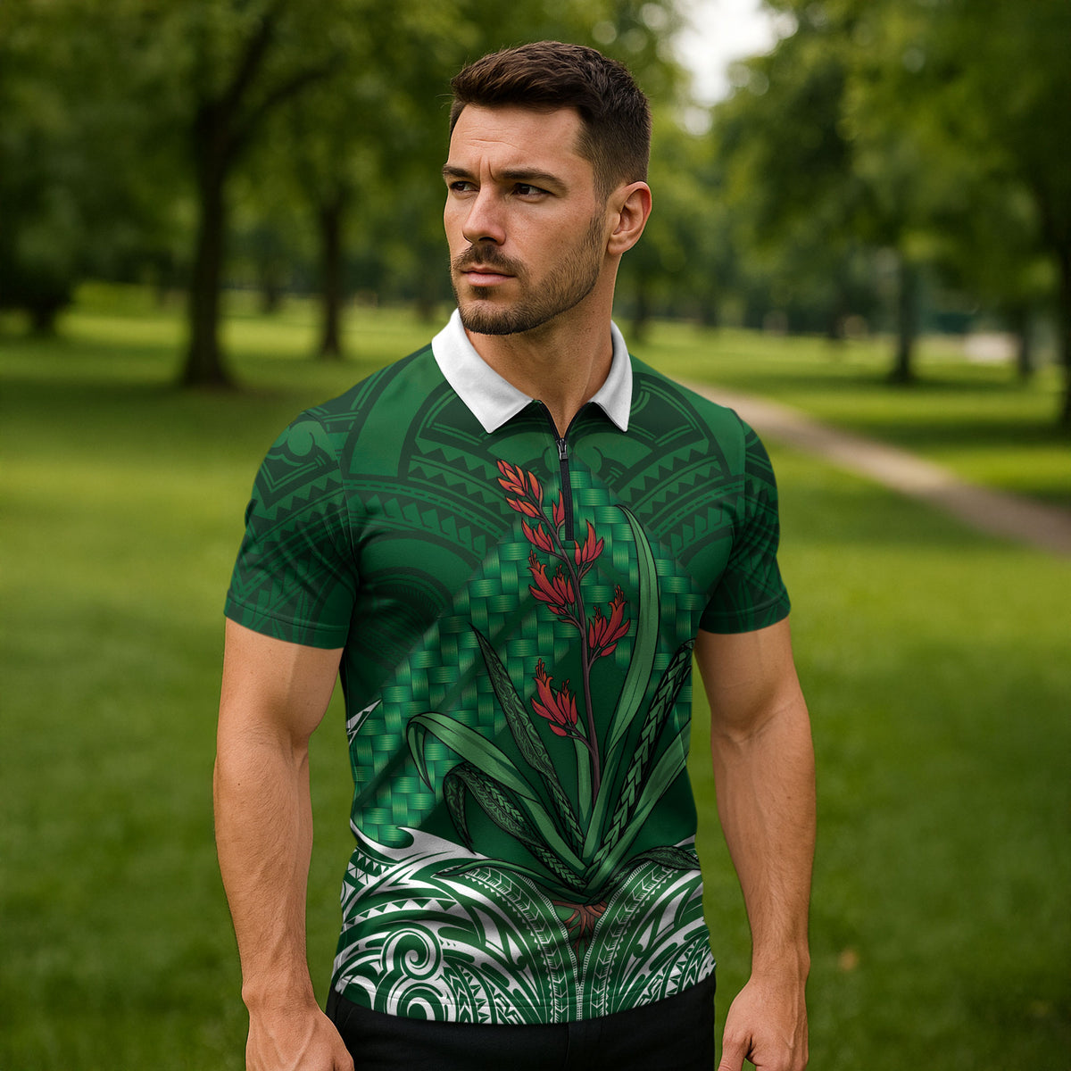 Rongoa Maori New Zealand Harakeke Zipper Polo Shirt NZ Weaving Pattern Green