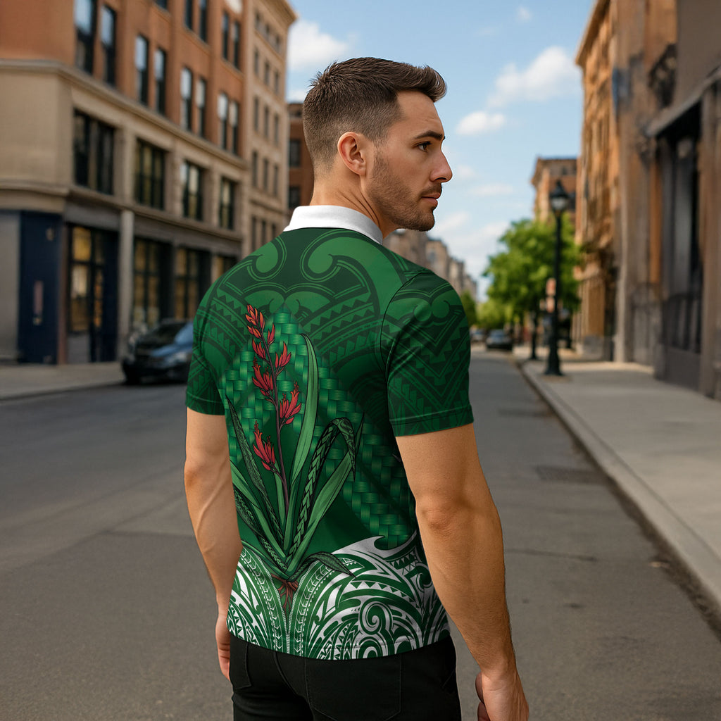 Rongoa Maori New Zealand Harakeke Zipper Polo Shirt NZ Weaving Pattern Green