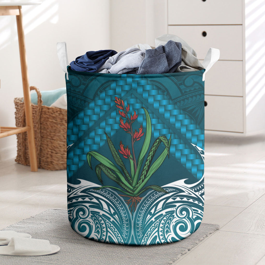 Rongoa Maori New Zealand Harakeke Laundry Basket NZ Weaving Pattern Dark Teal