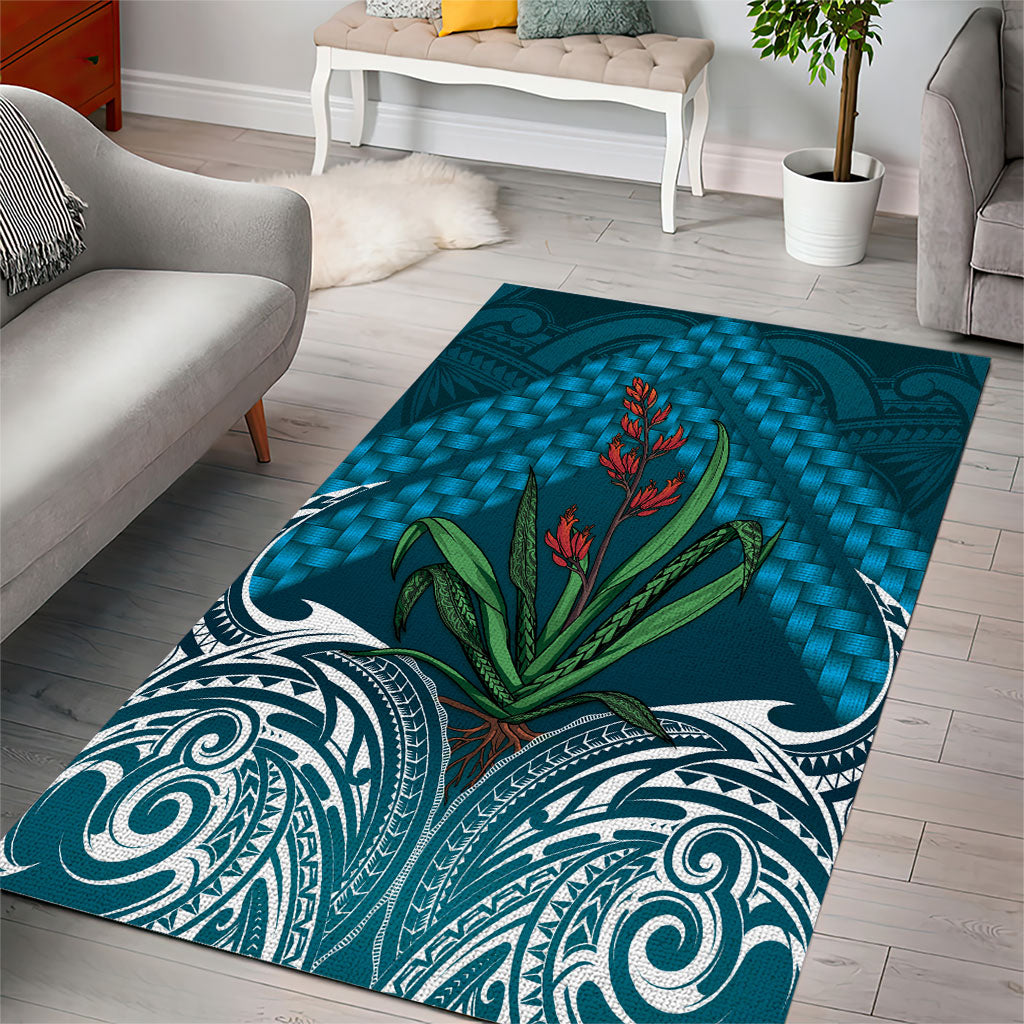Rongoa Maori New Zealand Harakeke Area Rug NZ Weaving Pattern Dark Teal