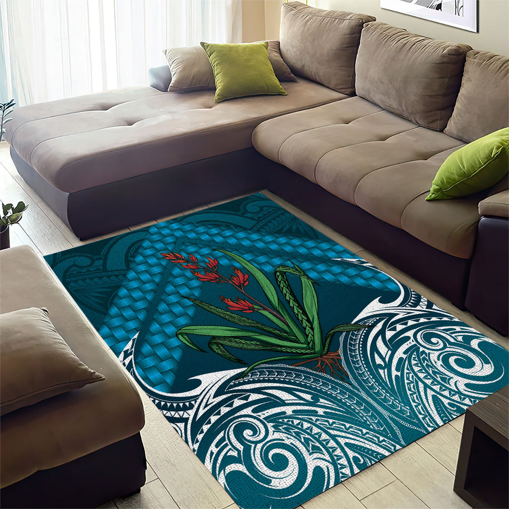 Rongoa Maori New Zealand Harakeke Area Rug NZ Weaving Pattern Dark Teal