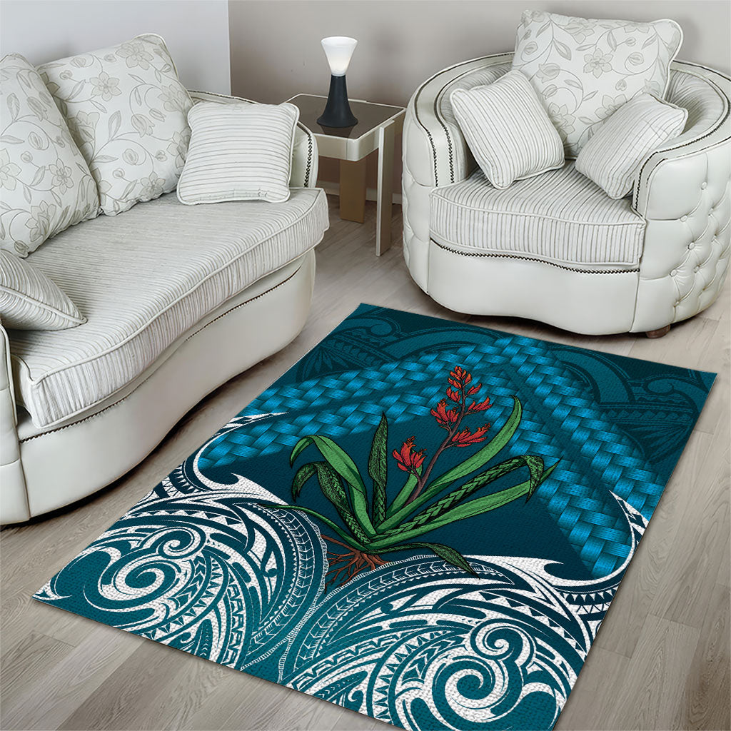 Rongoa Maori New Zealand Harakeke Area Rug NZ Weaving Pattern Dark Teal