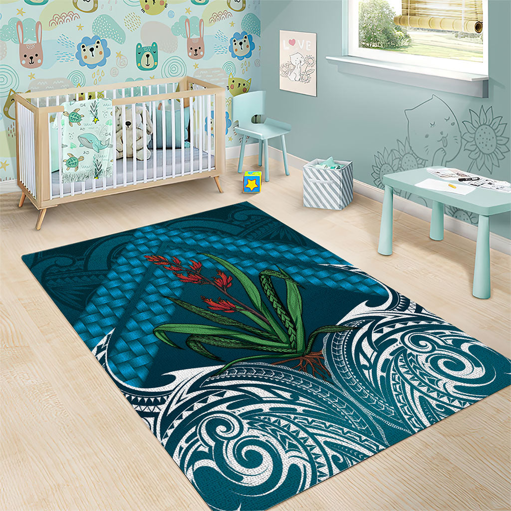 Rongoa Maori New Zealand Harakeke Area Rug NZ Weaving Pattern Dark Teal