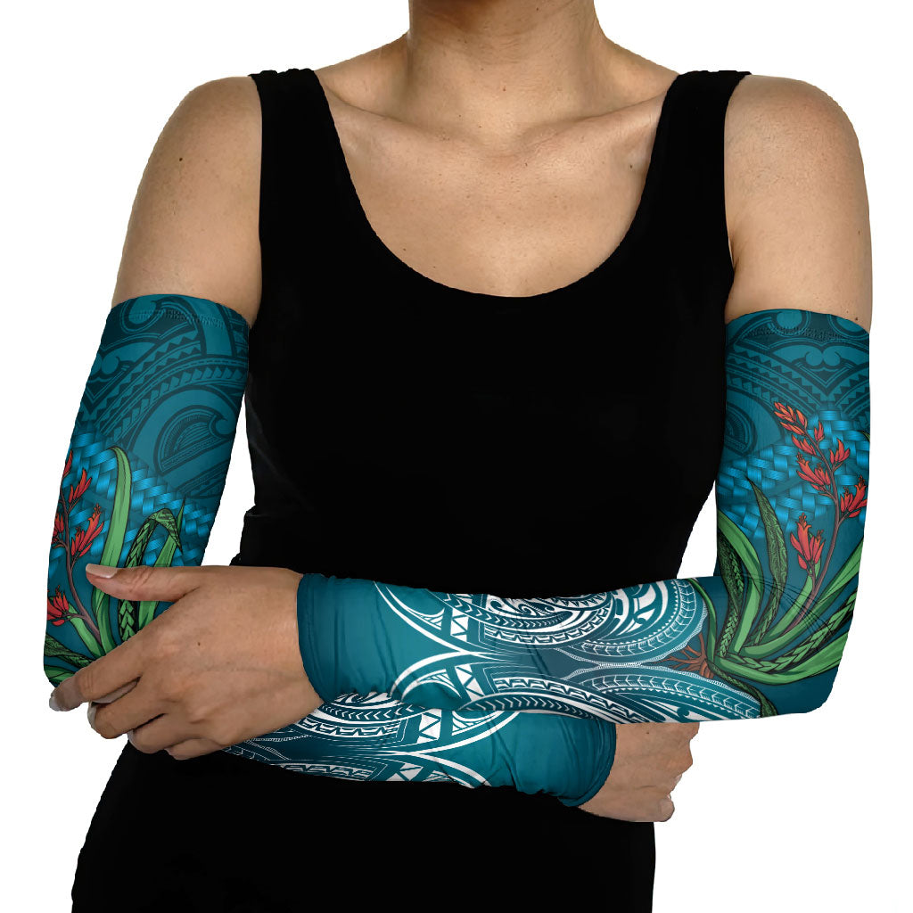 Rongoa Maori New Zealand Harakeke Arm Sleeves NZ Weaving Pattern Dark Teal