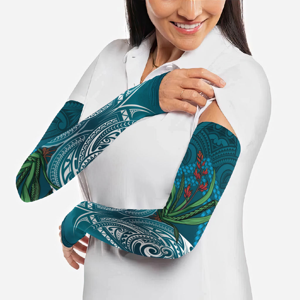Rongoa Maori New Zealand Harakeke Arm Sleeves NZ Weaving Pattern Dark Teal