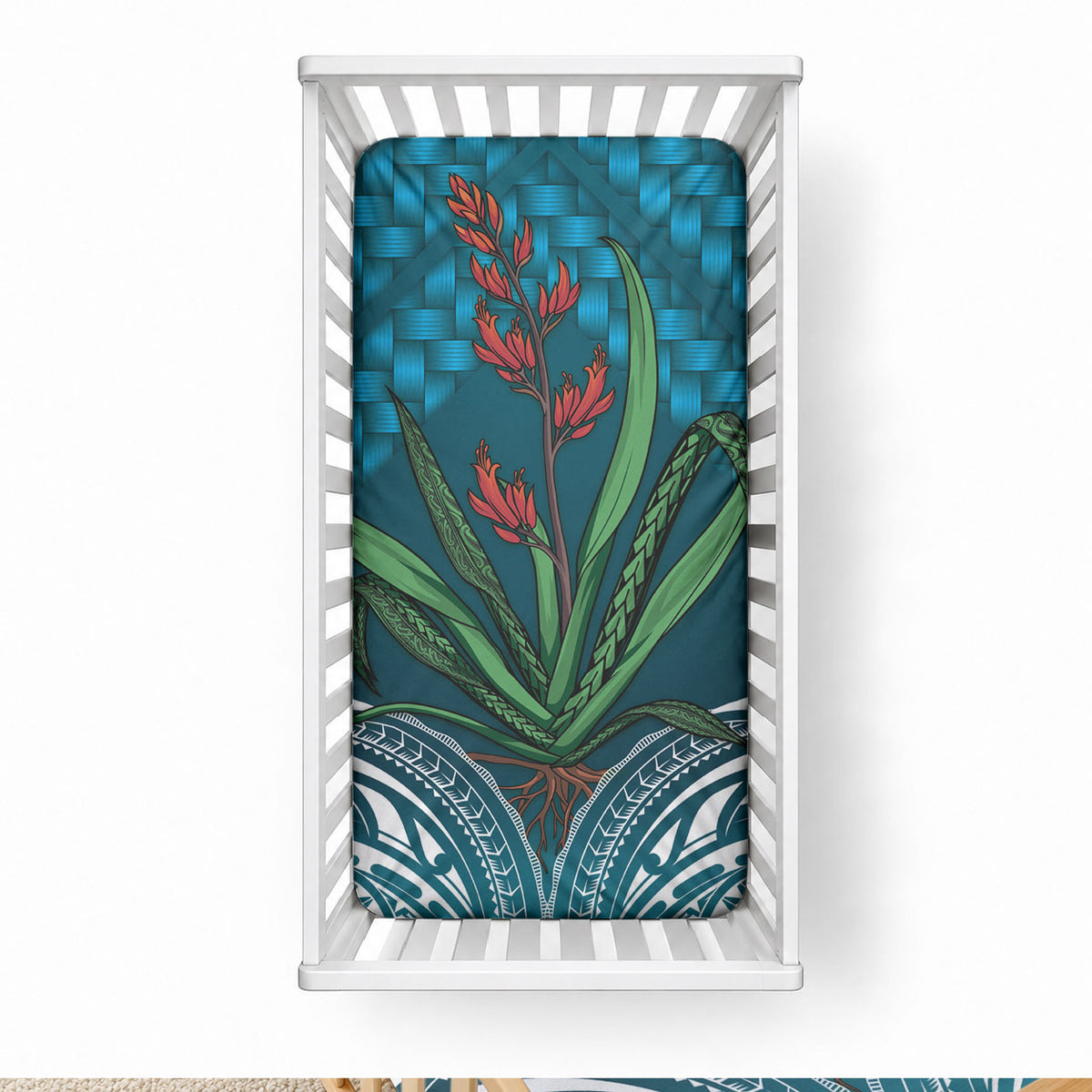 Rongoa Maori New Zealand Harakeke Baby Bed Cover NZ Weaving Pattern Dark Teal