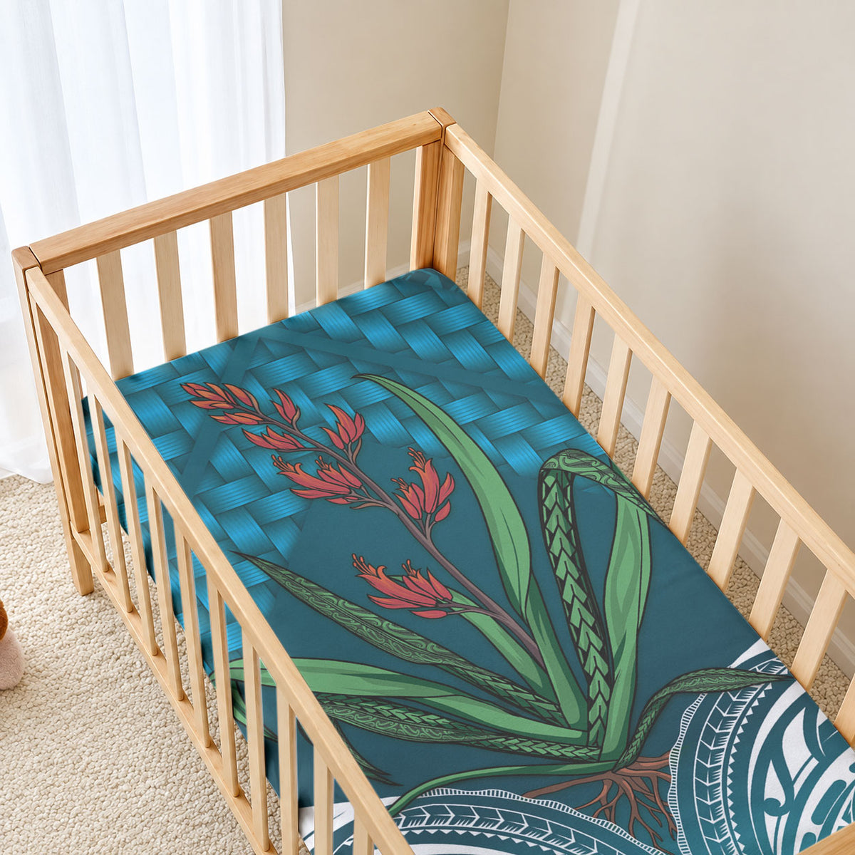 Rongoa Maori New Zealand Harakeke Baby Bed Cover NZ Weaving Pattern Dark Teal