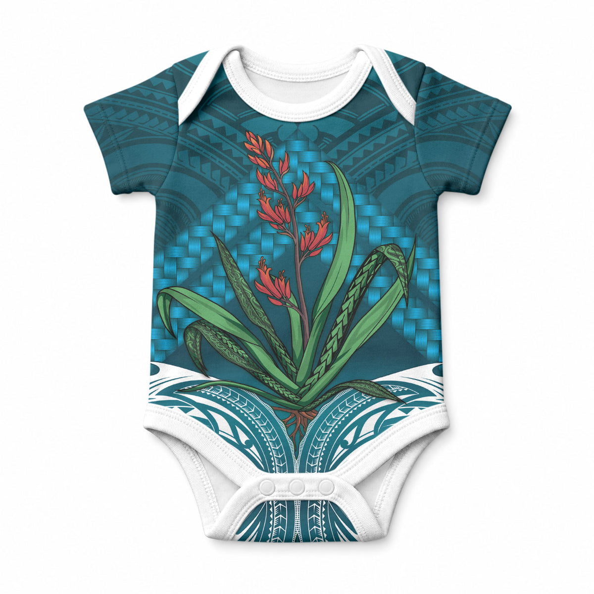Rongoa Maori New Zealand Harakeke Baby Onesie NZ Weaving Pattern Dark Teal