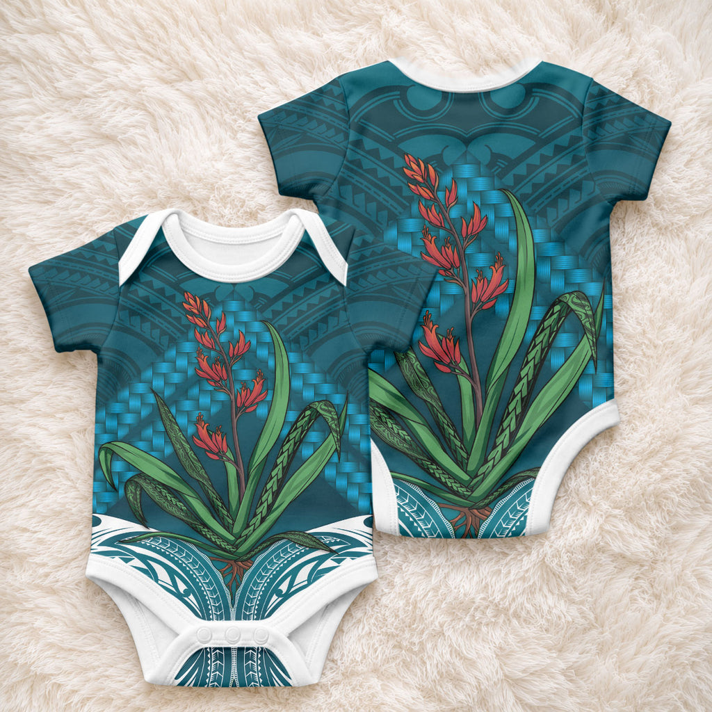 Rongoa Maori New Zealand Harakeke Baby Onesie NZ Weaving Pattern Dark Teal