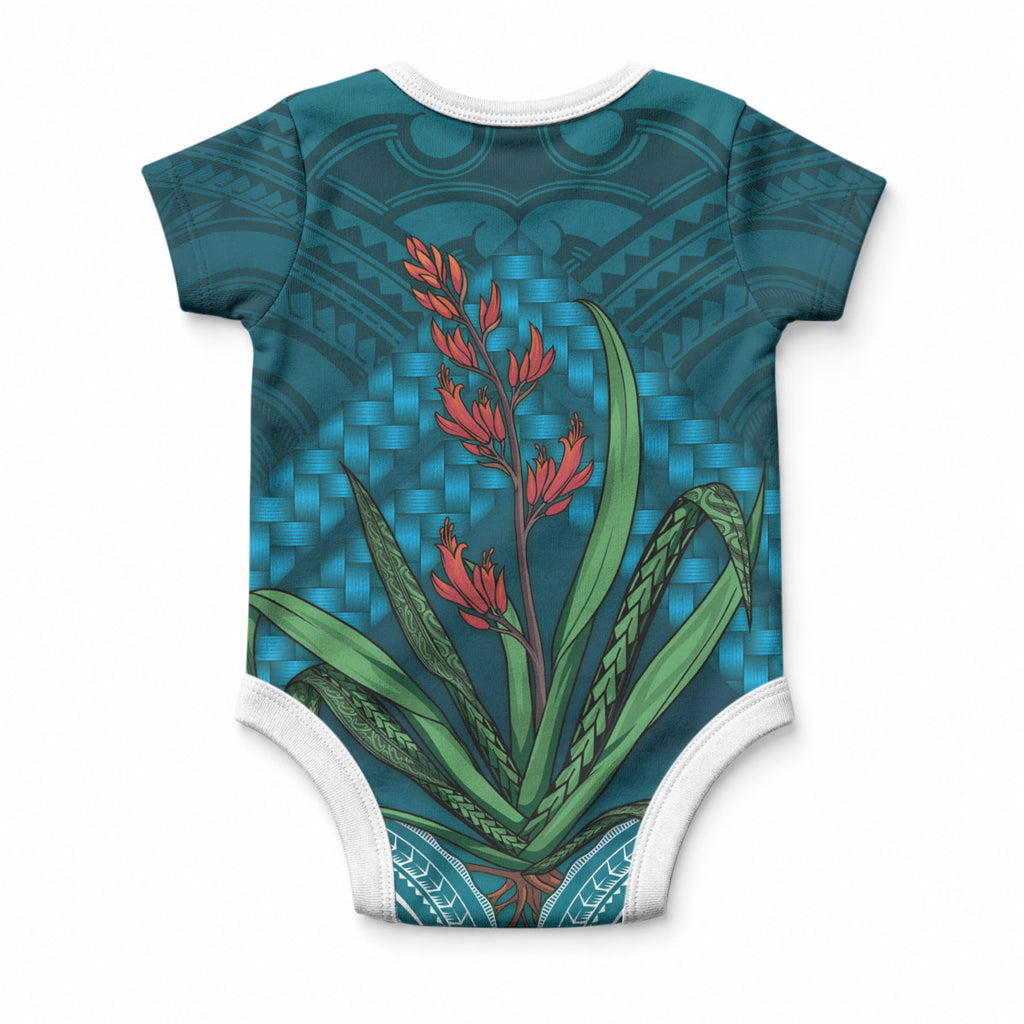 Rongoa Maori New Zealand Harakeke Baby Onesie NZ Weaving Pattern Dark Teal