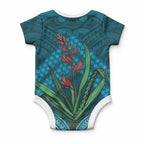 Rongoa Maori New Zealand Harakeke Baby Onesie NZ Weaving Pattern Dark Teal