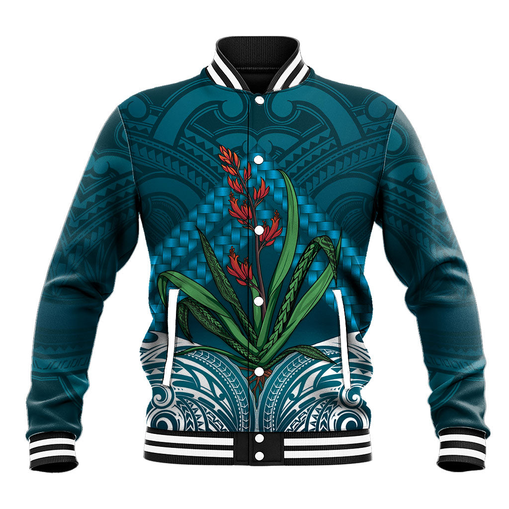 Rongoa Maori New Zealand Harakeke Baseball Jacket NZ Weaving Pattern Dark Teal