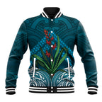 Rongoa Maori New Zealand Harakeke Baseball Jacket NZ Weaving Pattern Dark Teal