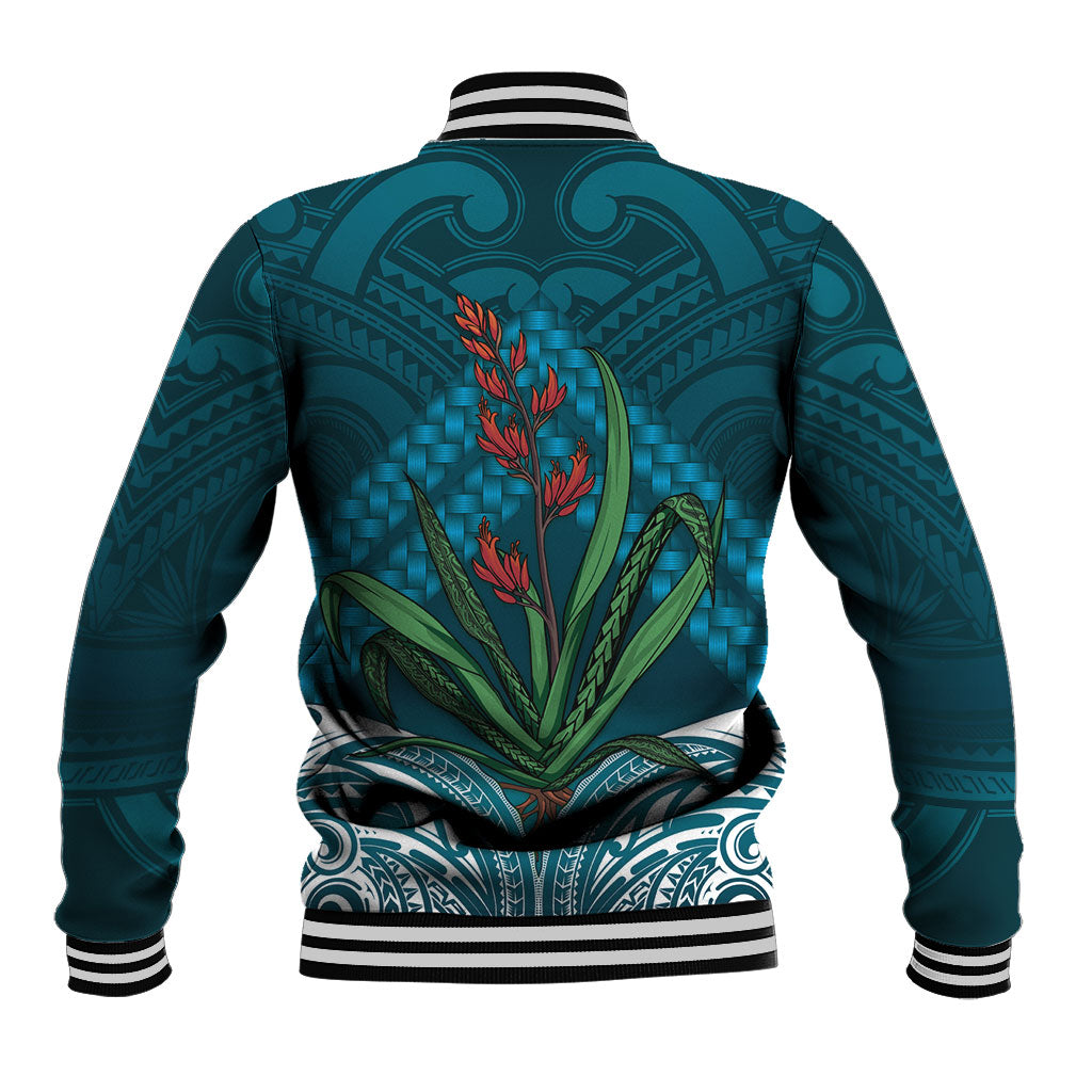 Rongoa Maori New Zealand Harakeke Baseball Jacket NZ Weaving Pattern Dark Teal
