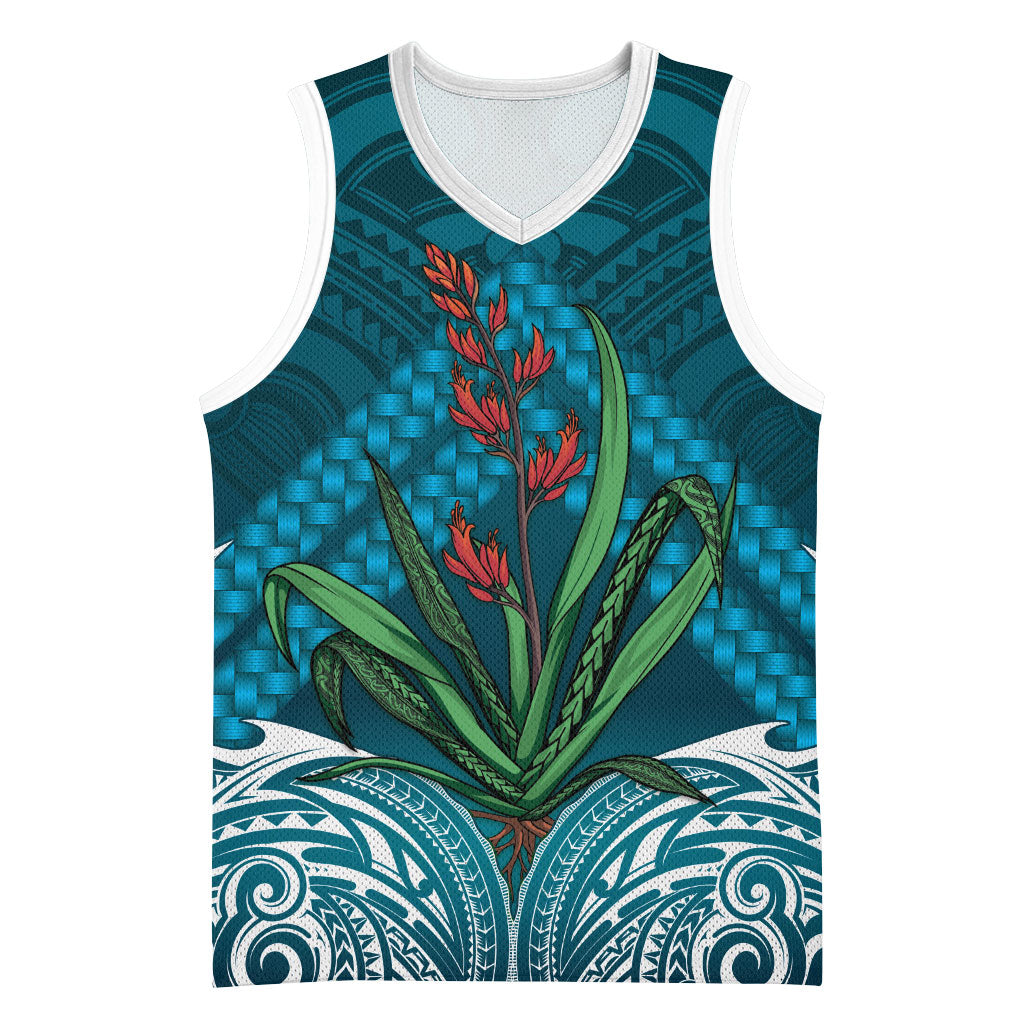 Rongoa Maori New Zealand Harakeke Basketball Jersey NZ Weaving Pattern Dark Teal