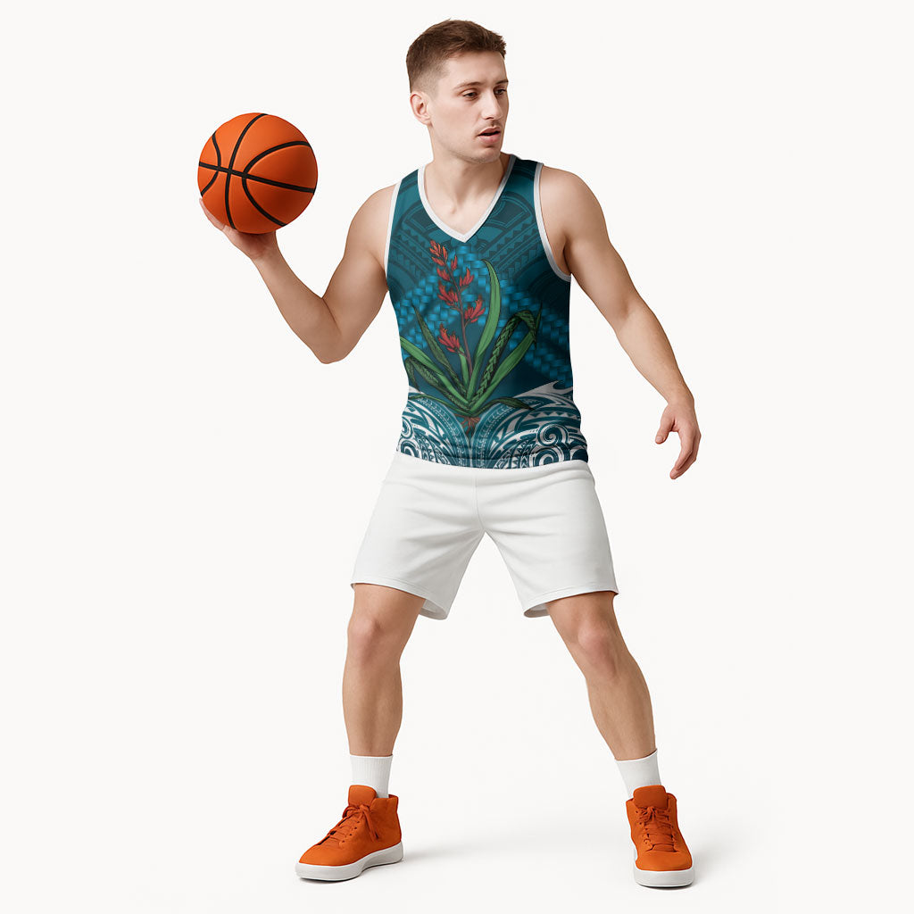 Rongoa Maori New Zealand Harakeke Basketball Jersey NZ Weaving Pattern Dark Teal