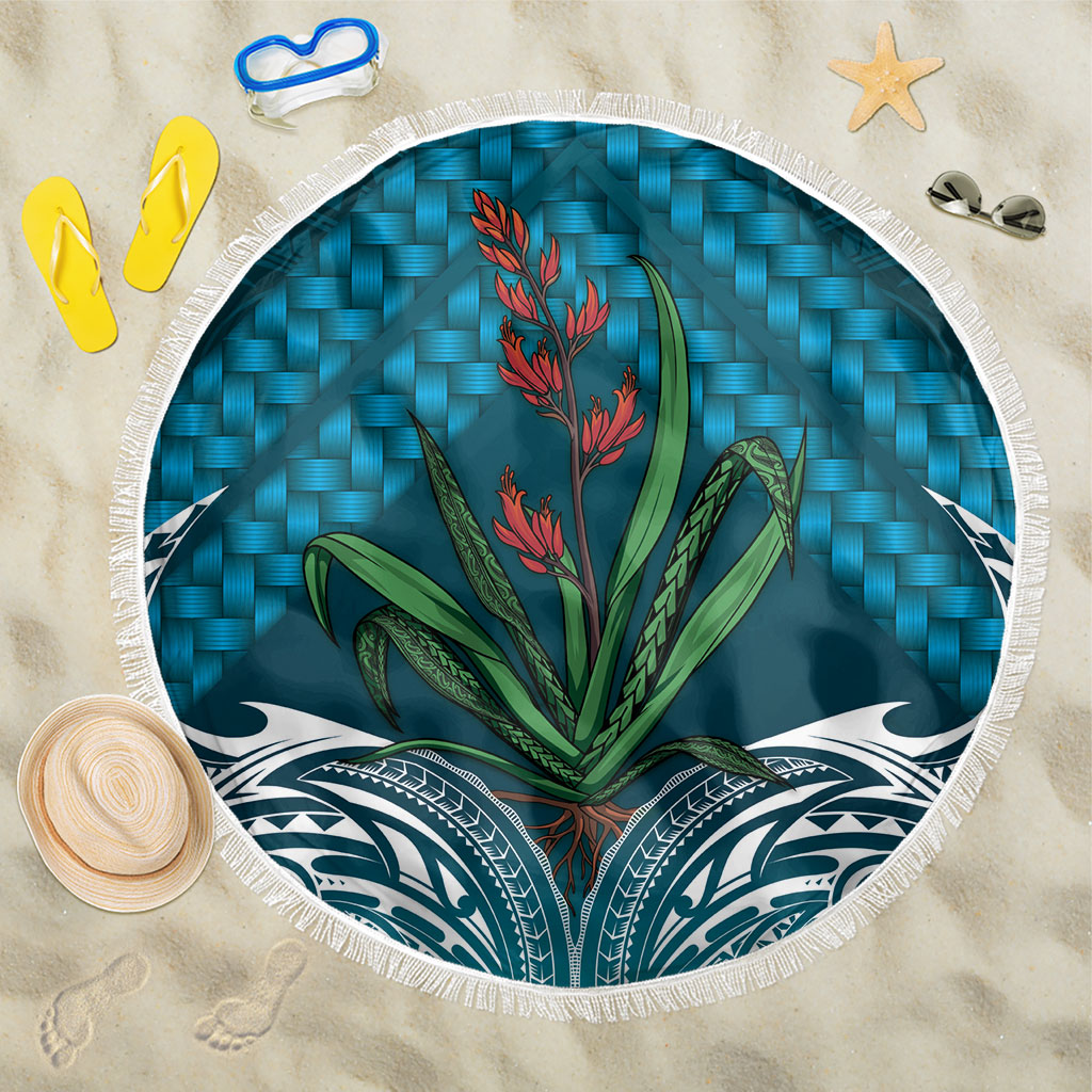 Rongoa Maori New Zealand Harakeke Beach Blanket NZ Weaving Pattern Dark Teal