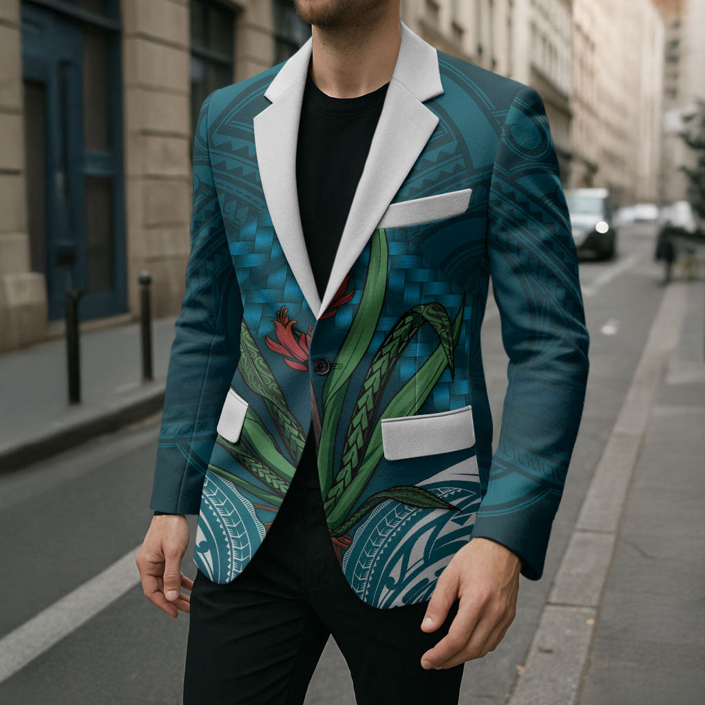 Rongoa Maori New Zealand Harakeke Blazer NZ Weaving Pattern Dark Teal