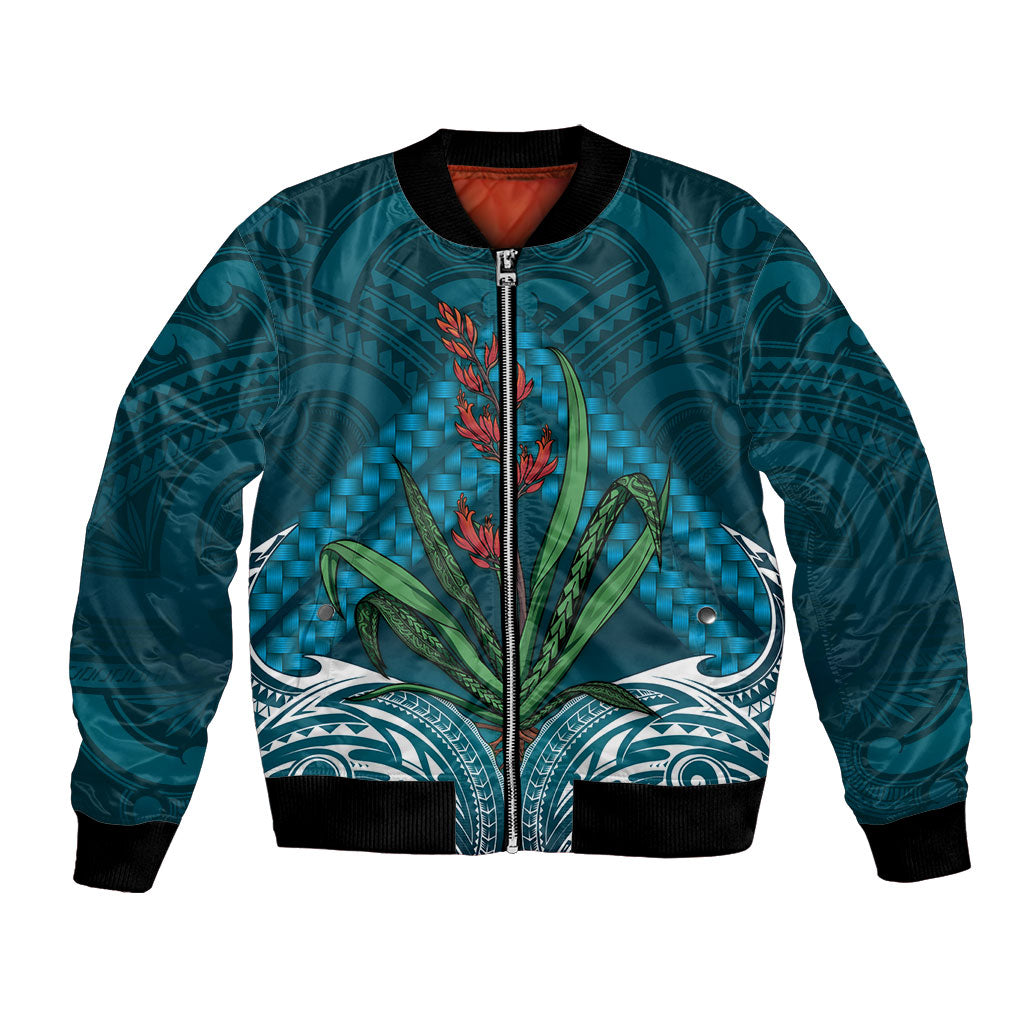 Rongoa Maori New Zealand Harakeke Bomber Jacket NZ Weaving Pattern Dark Teal