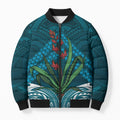 Rongoa Maori New Zealand Harakeke Bomber Puffer Jacket NZ Weaving Pattern Dark Teal