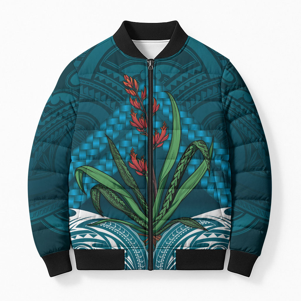 Rongoa Maori New Zealand Harakeke Bomber Puffer Jacket NZ Weaving Pattern Dark Teal