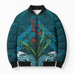 Rongoa Maori New Zealand Harakeke Bomber Puffer Jacket NZ Weaving Pattern Dark Teal