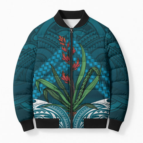 Rongoa Maori New Zealand Harakeke Bomber Puffer Jacket NZ Weaving Pattern Dark Teal