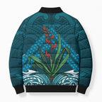 Rongoa Maori New Zealand Harakeke Bomber Puffer Jacket NZ Weaving Pattern Dark Teal