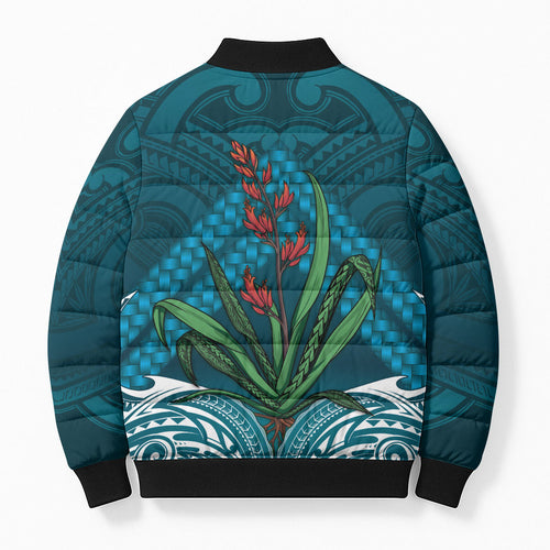 Rongoa Maori New Zealand Harakeke Bomber Puffer Jacket NZ Weaving Pattern Dark Teal