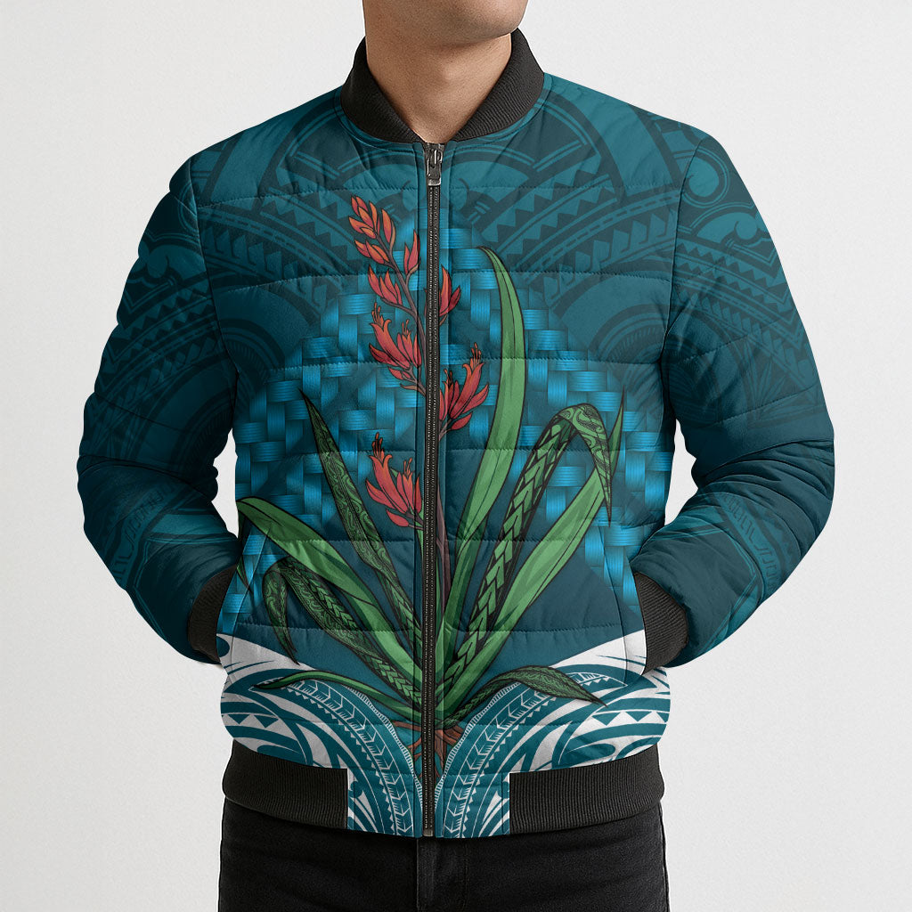 Rongoa Maori New Zealand Harakeke Bomber Puffer Jacket NZ Weaving Pattern Dark Teal