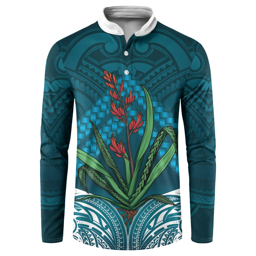 Rongoa Maori New Zealand Harakeke Button Sweatshirt NZ Weaving Pattern Dark Teal