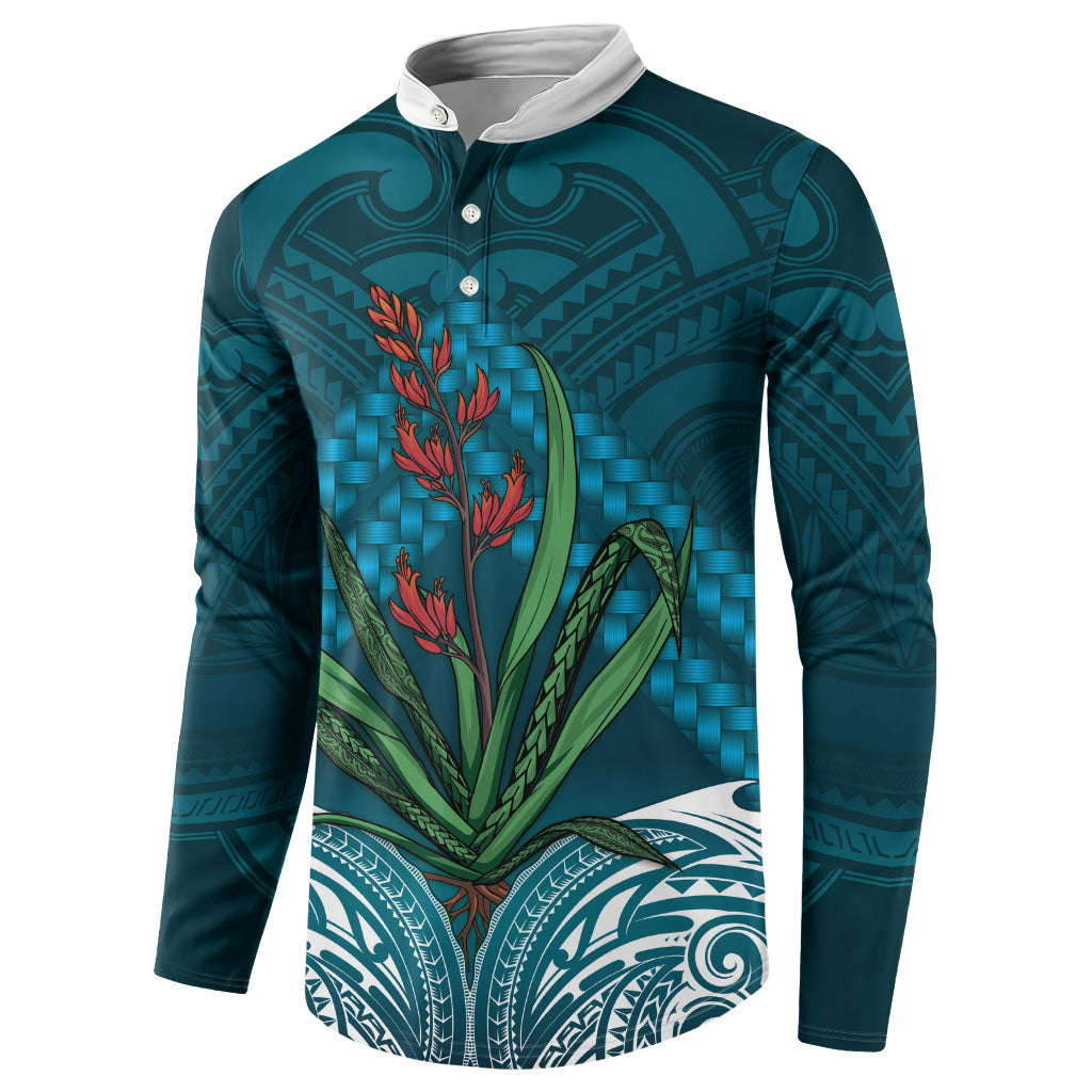 Rongoa Maori New Zealand Harakeke Button Sweatshirt NZ Weaving Pattern Dark Teal