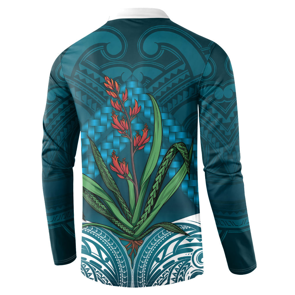 Rongoa Maori New Zealand Harakeke Button Sweatshirt NZ Weaving Pattern Dark Teal